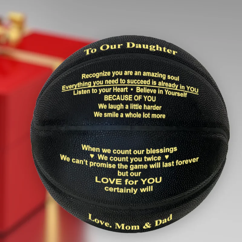 Basketball With High-Visibility Design-Love Mom and Dad - To Our Daughter Engraved Basketball Gift - Black & Gold